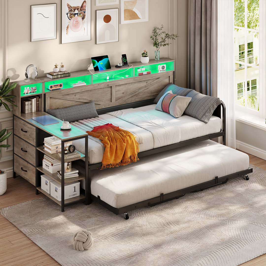Daybed Twin With Pop Up Trundle, Farmhouse Day Bed Frame Twin With 3 Storage Drawers And Shelves, Twin To King Daybed With Charging Station And Led Lights For Bedroom, Guest Room